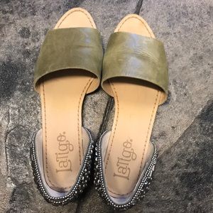 Olive green/brown sandals with silver beaded backs